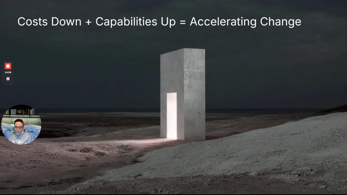 Final slide: a lit doorway in the middle of the desert, with the text costs down plus capabilities up equals accelerating change.